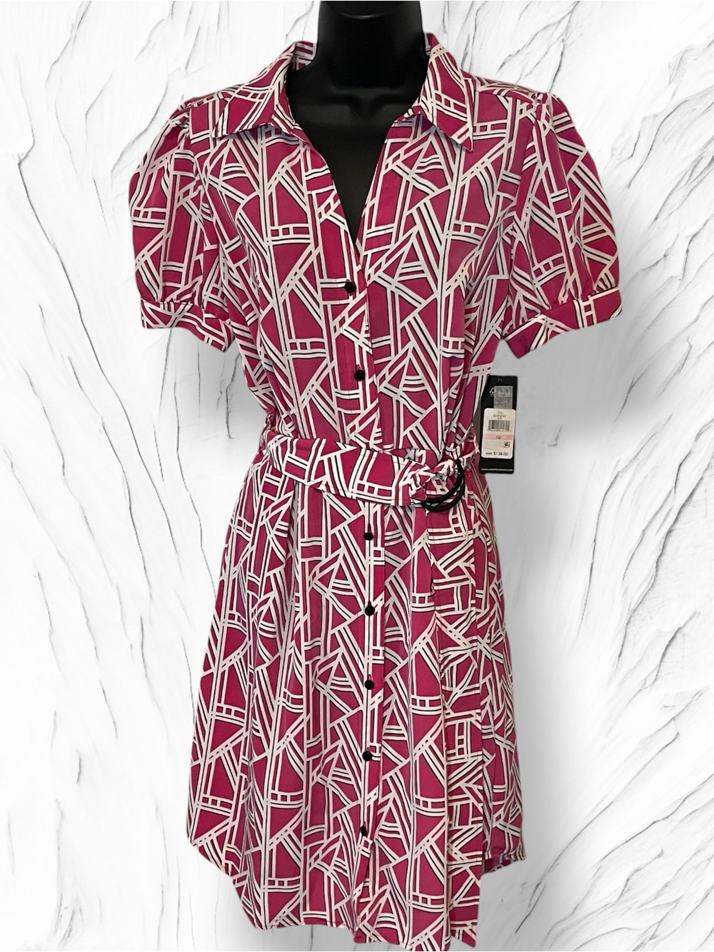 Karl Lagerfeld Paris NWT Pink Geometric Logo Print Belted Shirt Dress Size 10